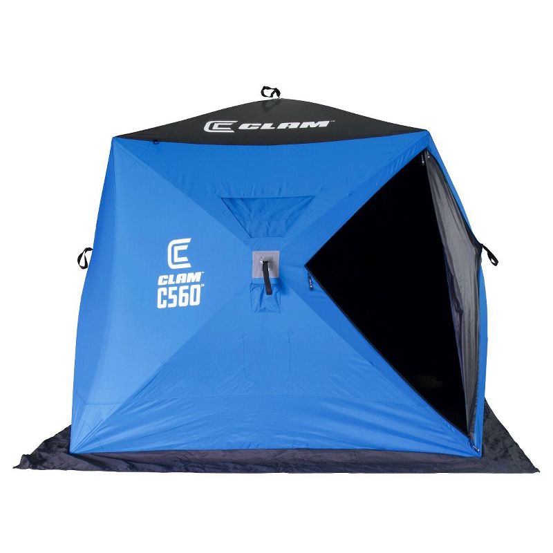 CLAM 14476 C-560 3-4 Person 7.5 Foot Lightweight Portable Pop Up Ice Fishing Angler Hub Shelter Tent with Anchors, Tie Ropes, and Carrying Bag