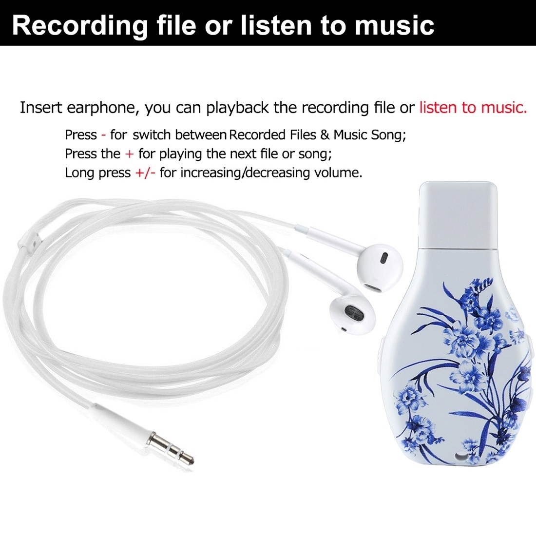 Flowers Blue and White Porcelain Pattern Portable Audio Voice Recorder USB Drive, 16GB, Support Music Playback