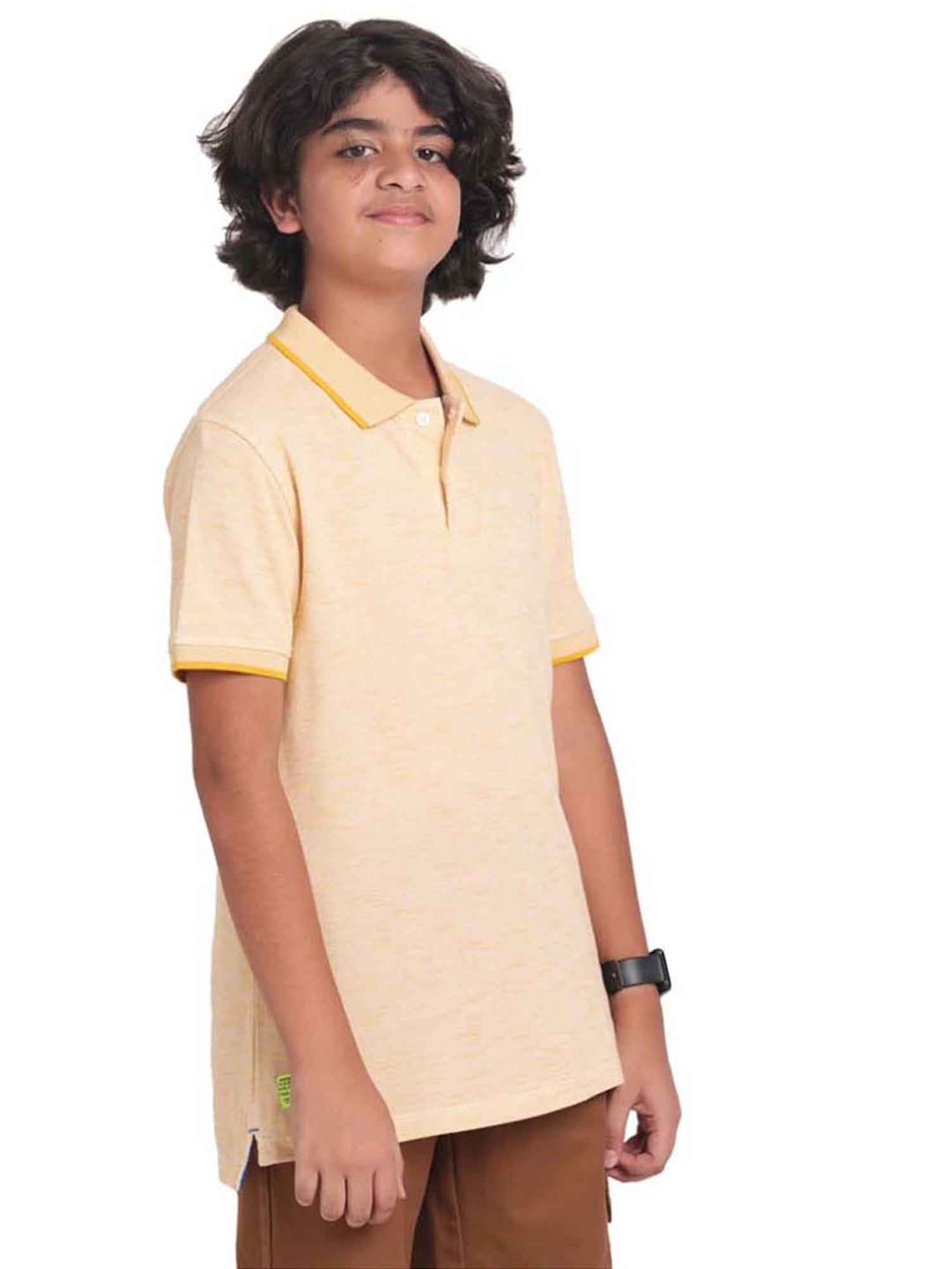 Indian Terrain Kids Yellow Cotton Self Pattern Polo T-Shirt