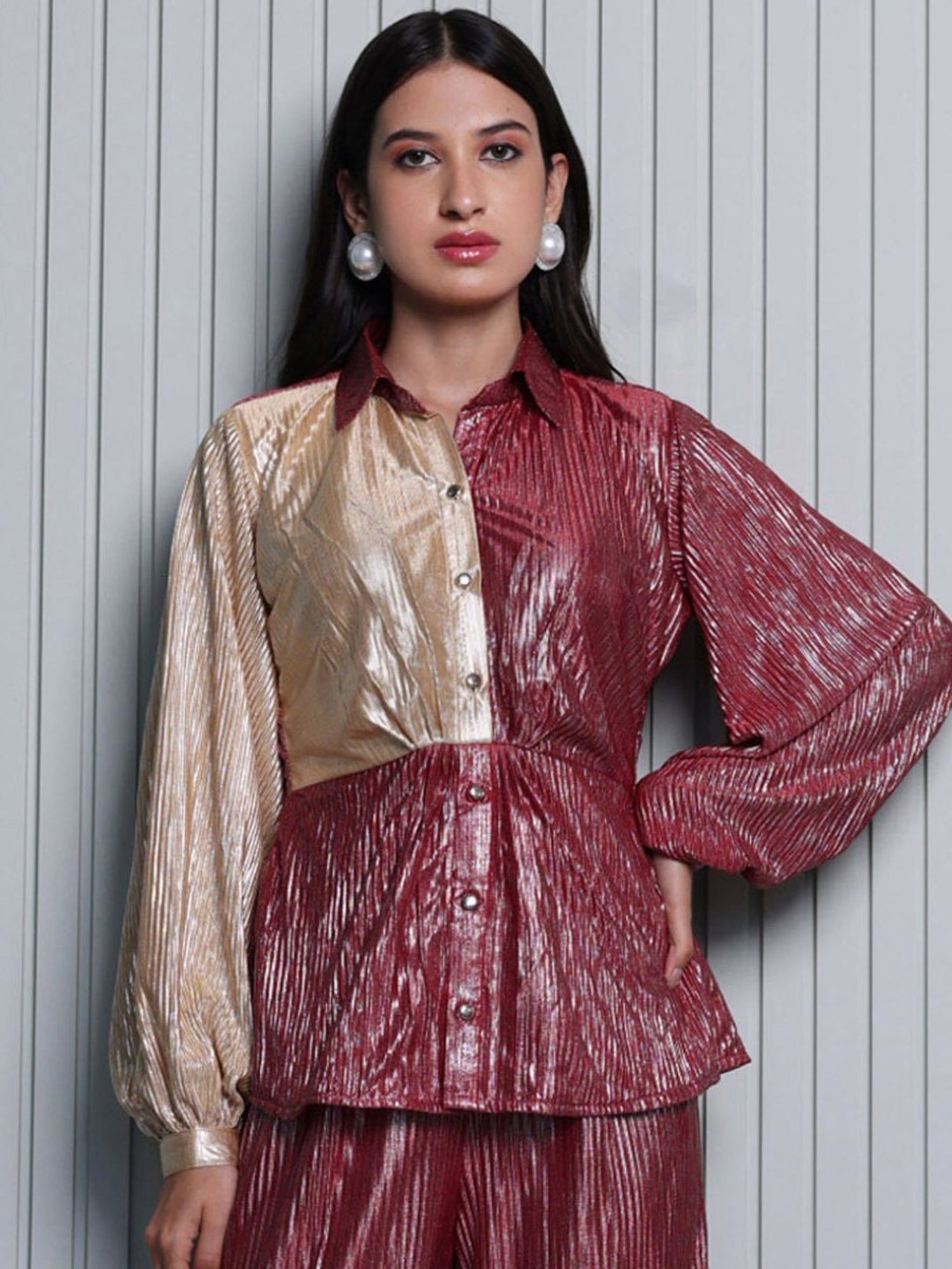 BInfinite Metallic Gold Garnet Pleated Shirt