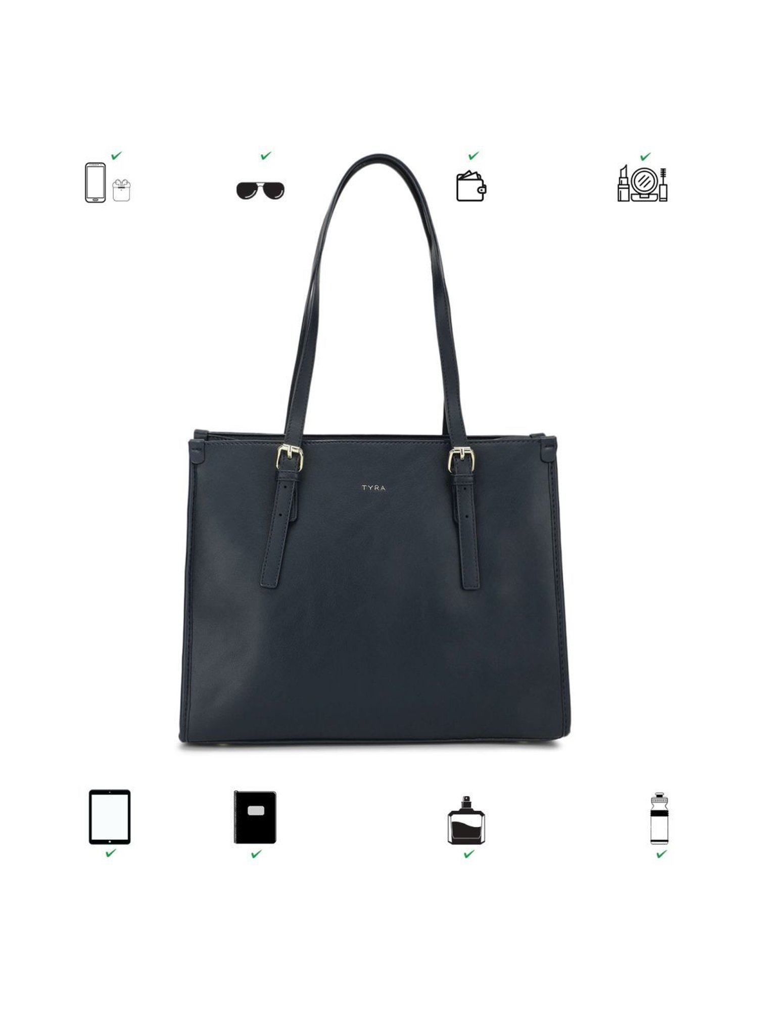 Tyra Hazel Navy Solid Faux Leather Tote Handbag