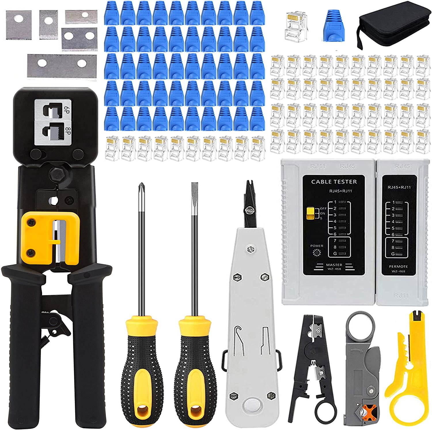 CAT5 Crimper Tool Kit for RJ45/RJ11/RJ12/CAT6/Cat5e, Professional Network Crimper Wire Connector Stripper Cutter Set