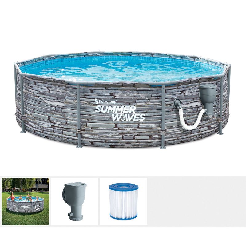 Summer Waves Active 8 Foot x 30 Inch Stone Slate Print Metal Frame Above Ground Swimming Pool Set with Filter Pump, Type I Cartridge, and Repair Patch