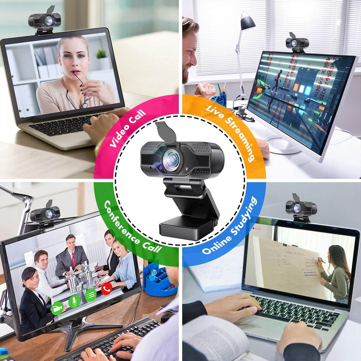 Webcam with Microphone, 1080P HD USB Web Camera, Plug and Play for PC, Laptop, Computer, Desktop, for Live Streaming, Video Call, Conference, Online Classes - Auto Light Correction, Manual Focus