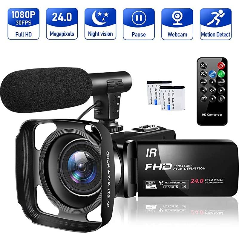 Camera 1080P Camcorder Full HD 30FPS 24MP Vlogging Camera for YouTube IR Night Vision 16X Digital Zoom Time Lapse Webcam YouTube Camera with Microphone Remote Control Lens Hood and 2 Batteries