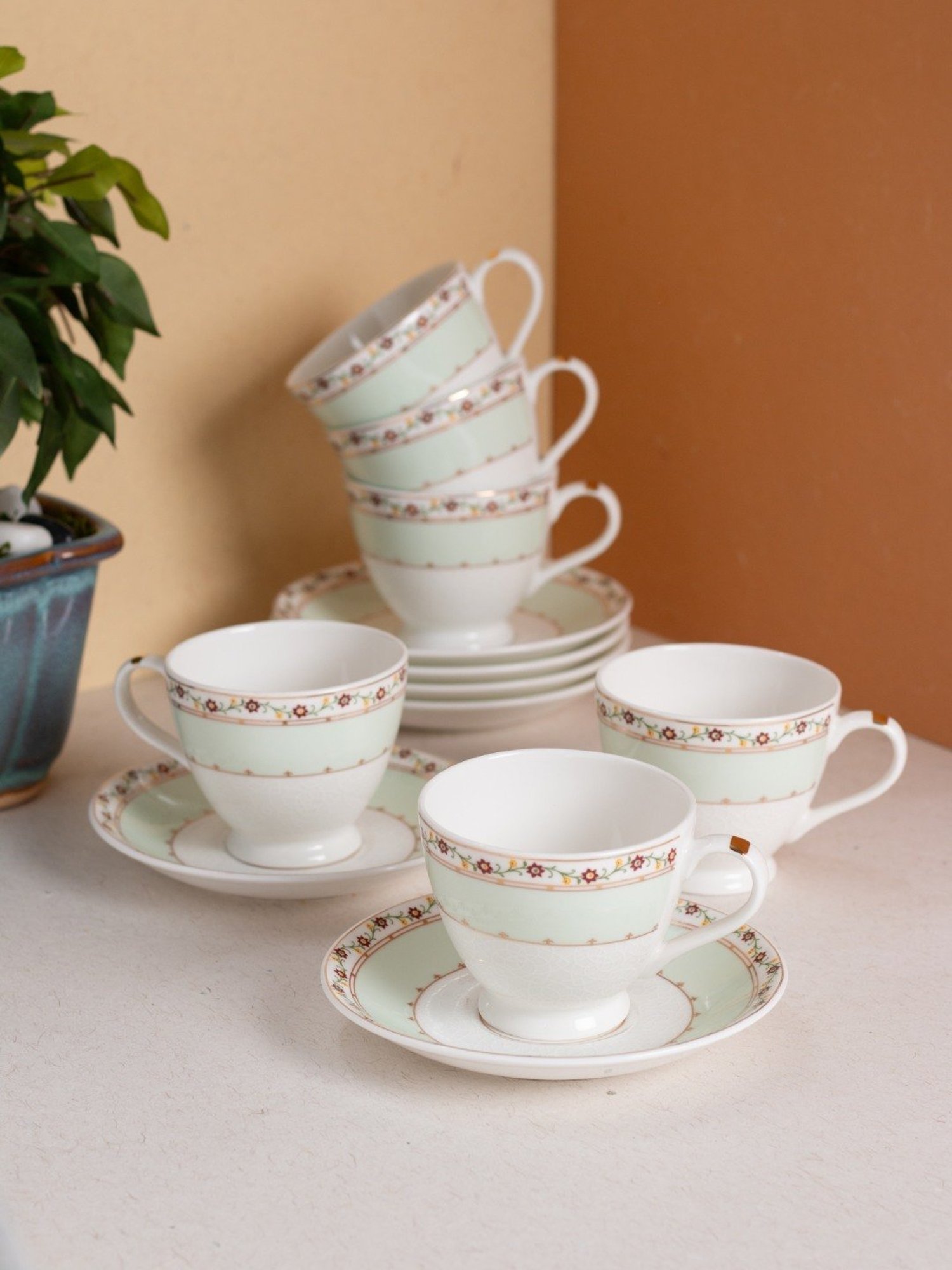 JCPL Fine Printed Green Ceramic Cup & Saucer 180 ml - Set of 12