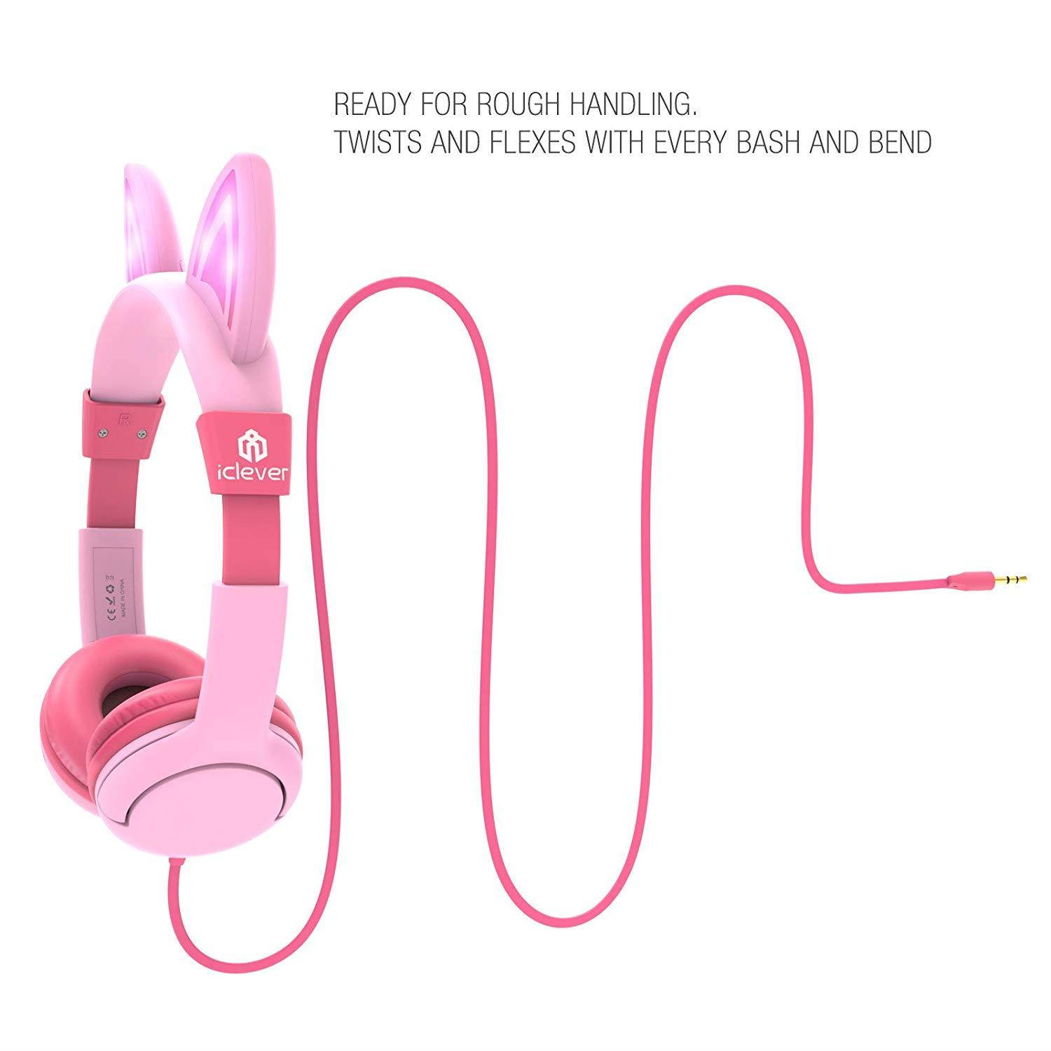 iClever Kids Headphones Over Ear, LED Backlight, Safe Wired Kids Headsets 85dB Volume Limited, Food Grade Silicone, 3.5mm Aux Jack, Cat-Inspired Headphones for Kids, Pink