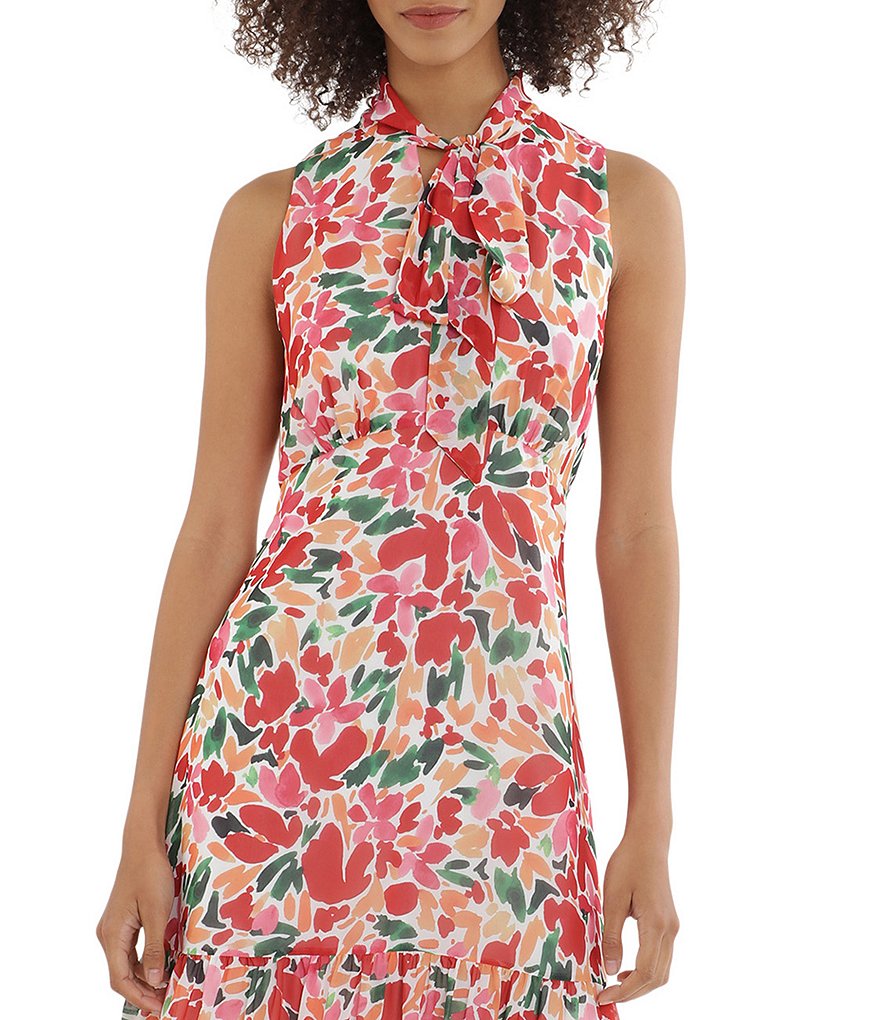 Maggy London Keyhole Tie Neck Sleeveless Floral Midi Dress