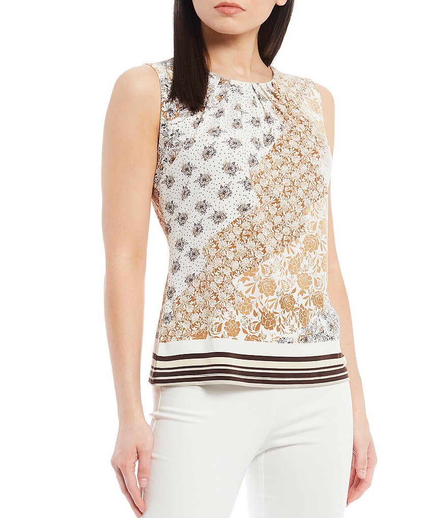 Calvin Klein Patchwork Floral Print Sleeveless Matte Jersey Pleat Jewel Neck Top