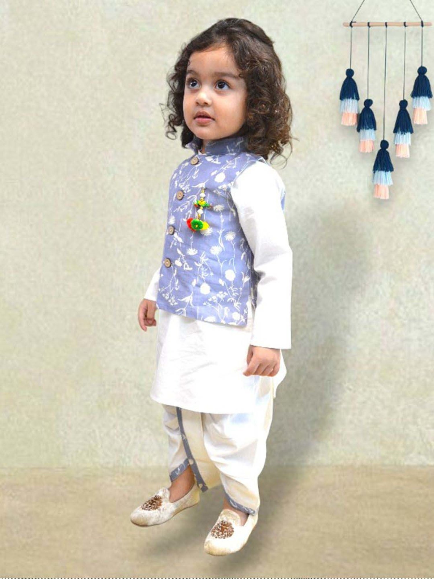 A.T.U.N. Boys Ivory & Blue Cotton Printed Full Sleeves Kurta Set