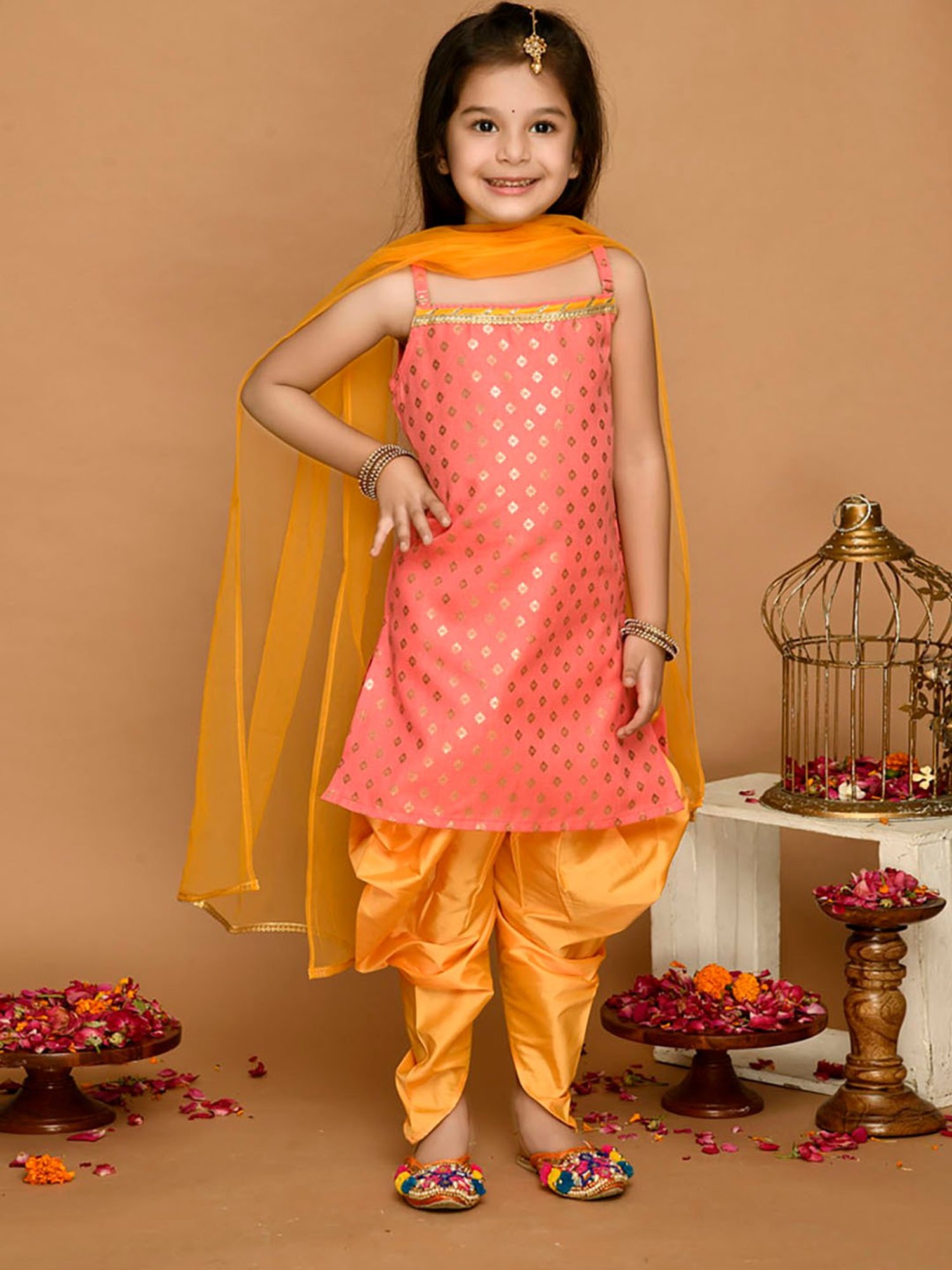 Saka Designs Kids Peach & Mustard Printed Kurta with Dhoti & Dupatta