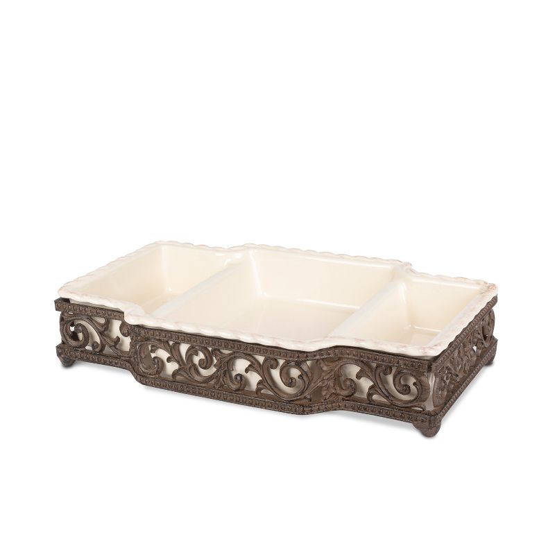 GG Collection Cream Stoneware 3-part Server in Metal Acanthus Leaf Base.