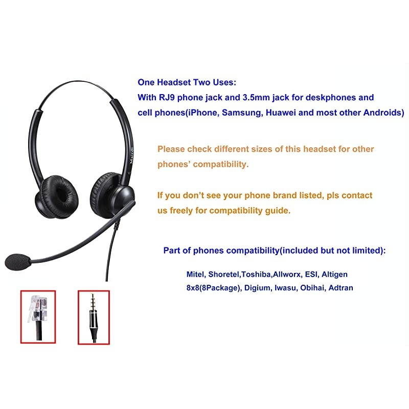 Headset with RJ9 Jack for Phone with Noise Cancelling Microphone Plus Extra 35mm Connector Compatible with Toshiba Mitel Aastra Shoretel Allworx InterTel