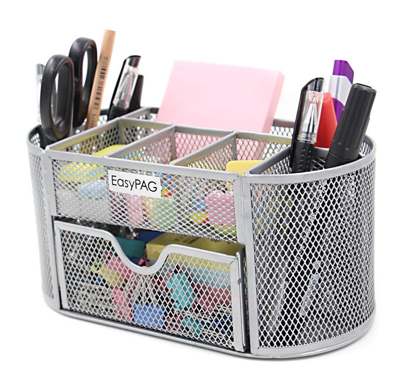 EasyPAG Mesh Office Desk Accessories Organizer 9 Components with Drawer, Silver
