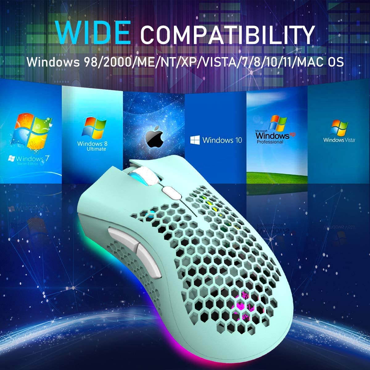 Gaming Mice Wireless Lightweight Gaming Mouse Honeycomb with 7 Button Multi RGB Backlit Perforated Ergonomic Shell Optical Sensor Adjustable DPI Rechargeable 800mAh Battery USB Receiver for PC Laptop