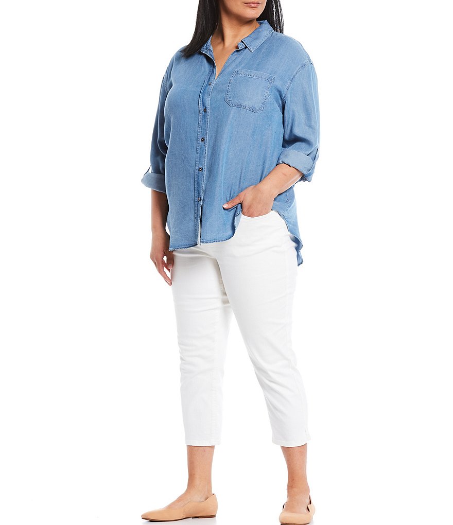 Westbound Plus Size Indigo Button Down Point Collar Roll-Tab Long Sleeve Button Front Shirt