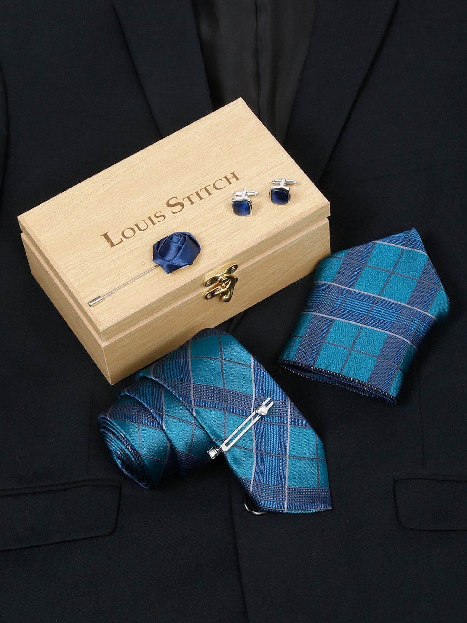 Louis Stitch Blue Printed Necktie Gift Set - Set of 3