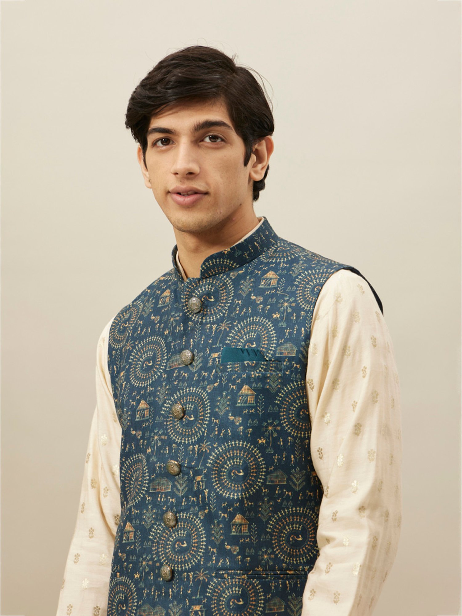 Manyavar Blue Regular Fit Printed Nehru Jacket
