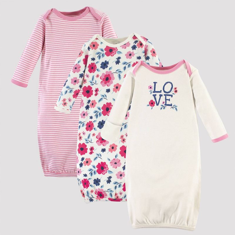 Touched by Nature Baby Girls' 3pk Garden Floral Organic Cotton Gowns - Pink/Off White 0-6M