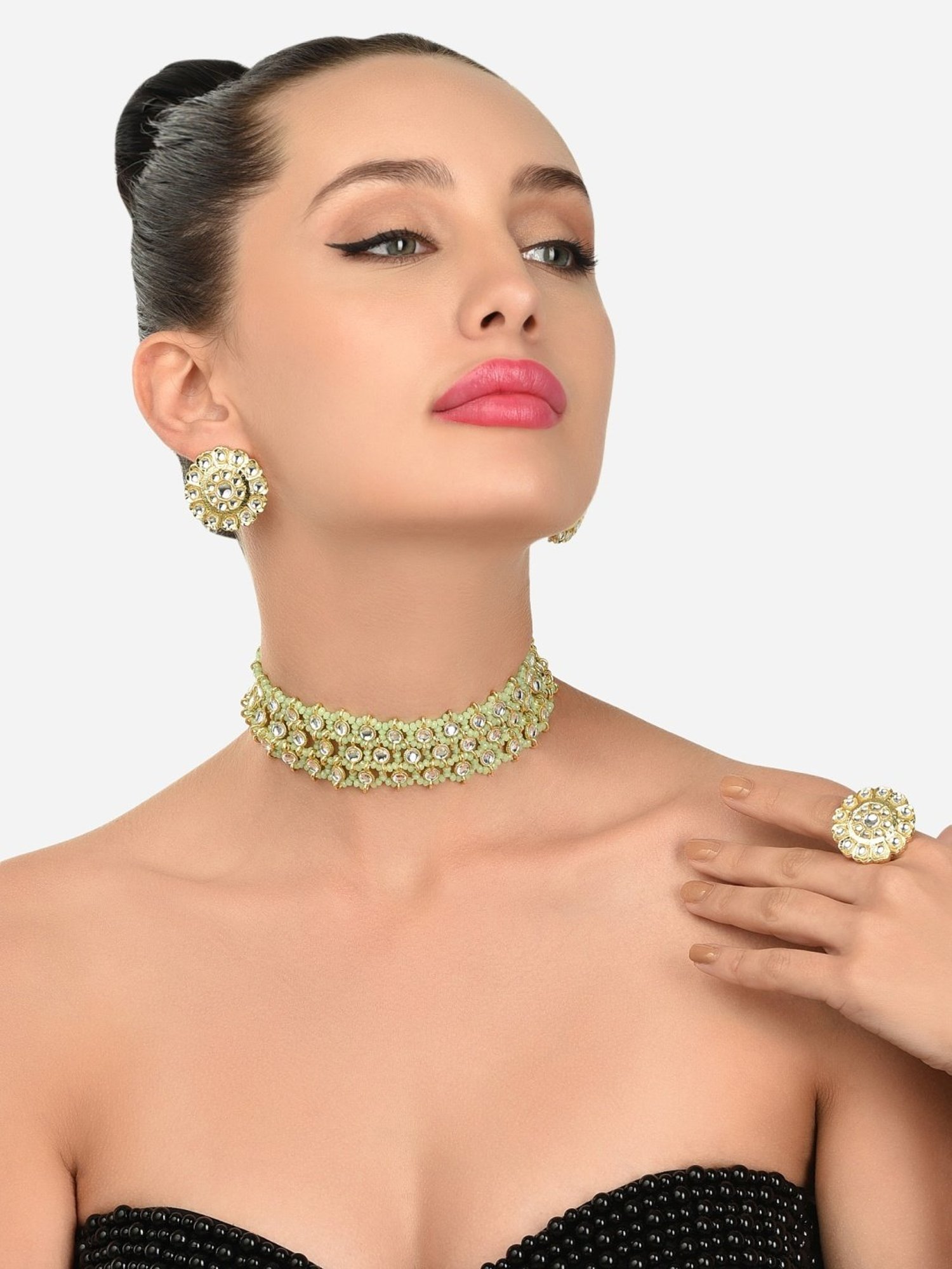 Zaveri Pearls Green Crystal Beads & Kundan Woven Necklace, Earring & Ring Set