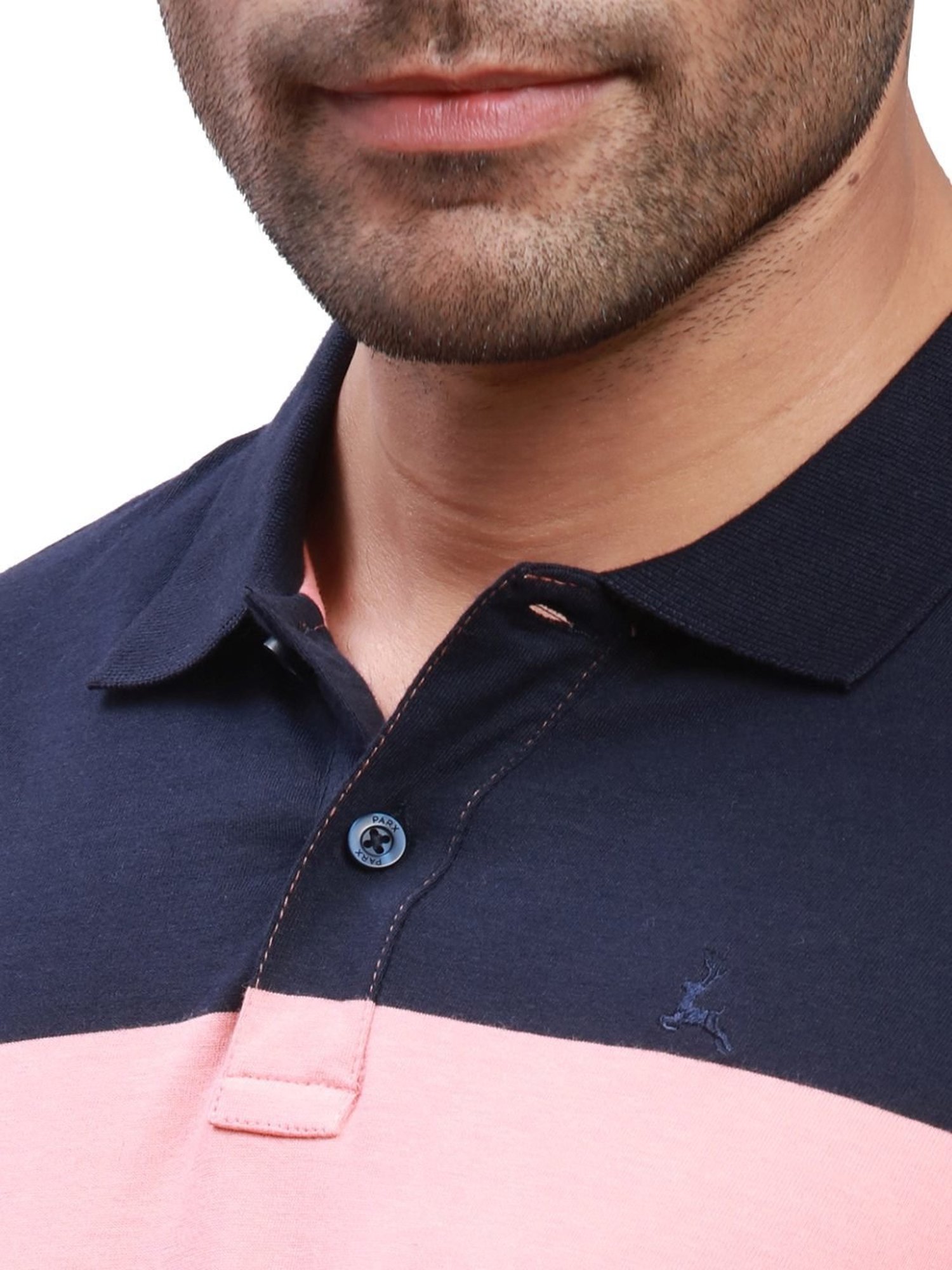 Parx Dark Blue Cotton Regular Fit Colour Block Polo T-Shirt