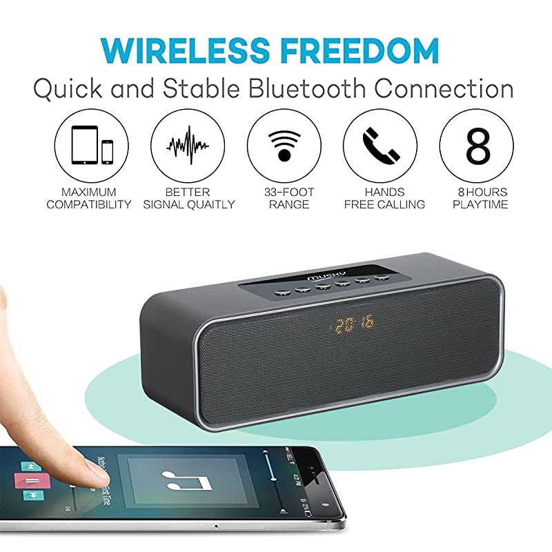 Bluetooth Speaker with10W Acoustic Driver LED Display FM Radio Alarm Clock Handsfree Speakerphone Slots for Micro SD Card USB AUXin for Smart Phone Tablet and More