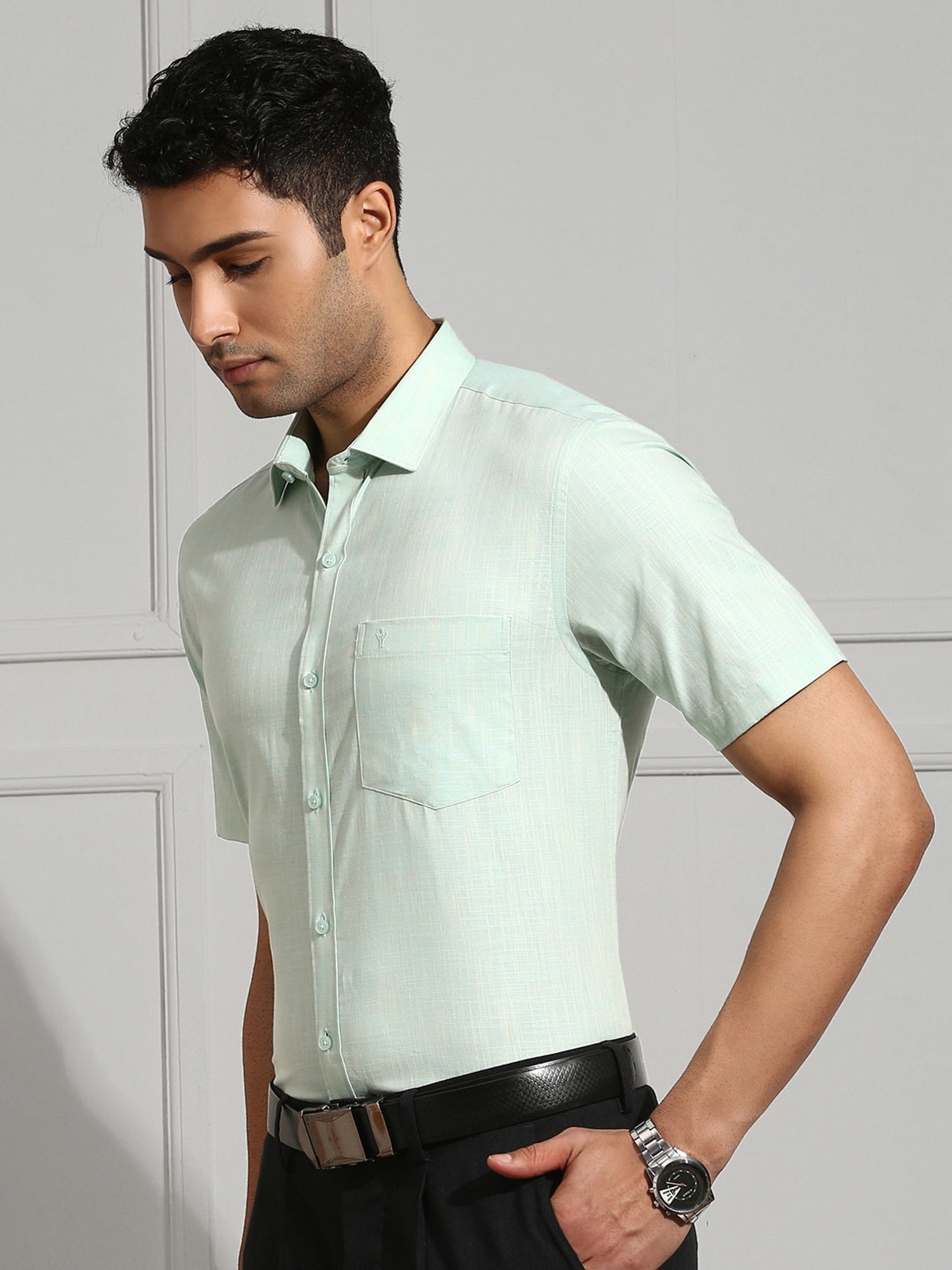 Ramraj Mint Green Regular Fit Textured Cotton Shirt