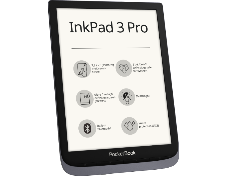 PocketBook InkPad 3 Pro Grey, 7,8" E Ink&reg; Carta&trade; (1404 &times; 1872), SMARTlight, IPX8, Metallic Grey, Dual Core (2&times;1 GHz), Operative memory: 1 GB, Flash memory: 16 GB, Accumulator: 1900 mAh