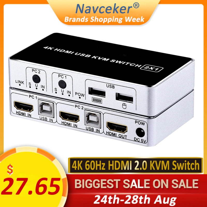 2020 4K 60Hz KVM Switch HDMI 2 Port HDMI KVM Switch USB  PC Computer KVM Switch Keyboard Mouse Switcher Box for Laptop,PS4,Xbox