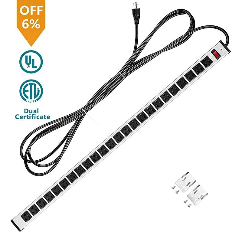 Rack Mount Power Outlet Surge Protector Power Strip 24 Outlet Heavy Duty Multi Plug Outlet Aluminum Socket with Smart Circuit Breaker and 15 Ft Long Cord Silver