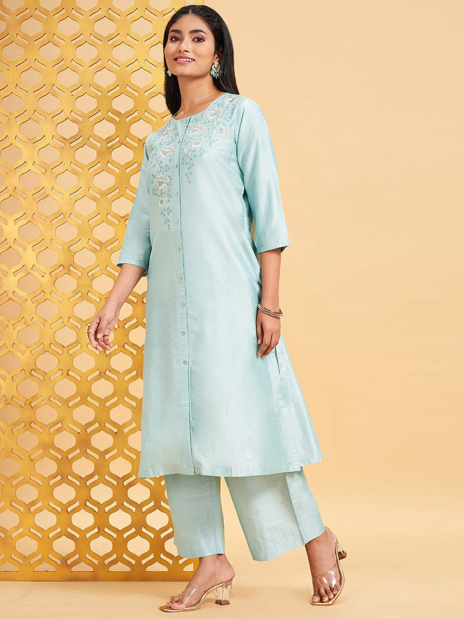 Rangmanch by Pantaloons Canal Blue Embroidered Kurta Palazzo Set With Dupatta