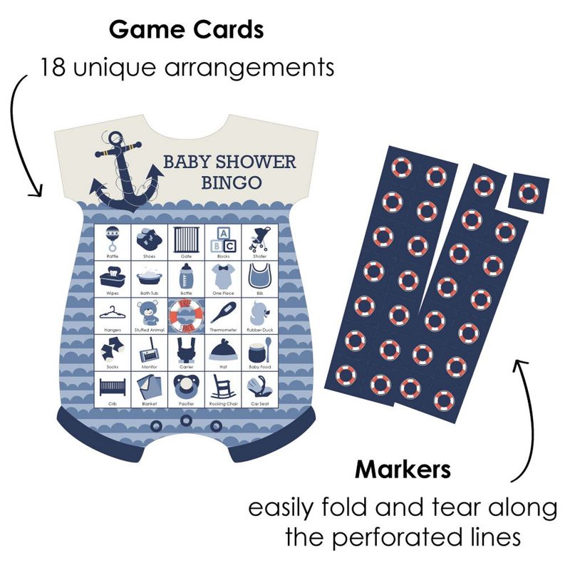 Big Dot of Happiness Ahoy - Nautical - Picture Bingo Cards and Markers - Baby Shower Shaped Bingo Game - Set of 18