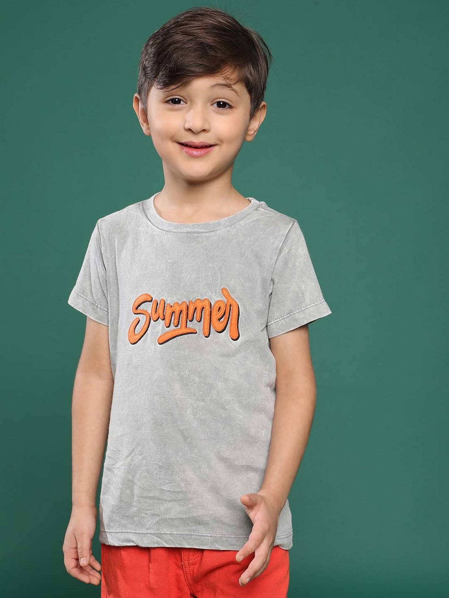 Tales & Stories Kids Grey Cotton Embroidered T-Shirt
