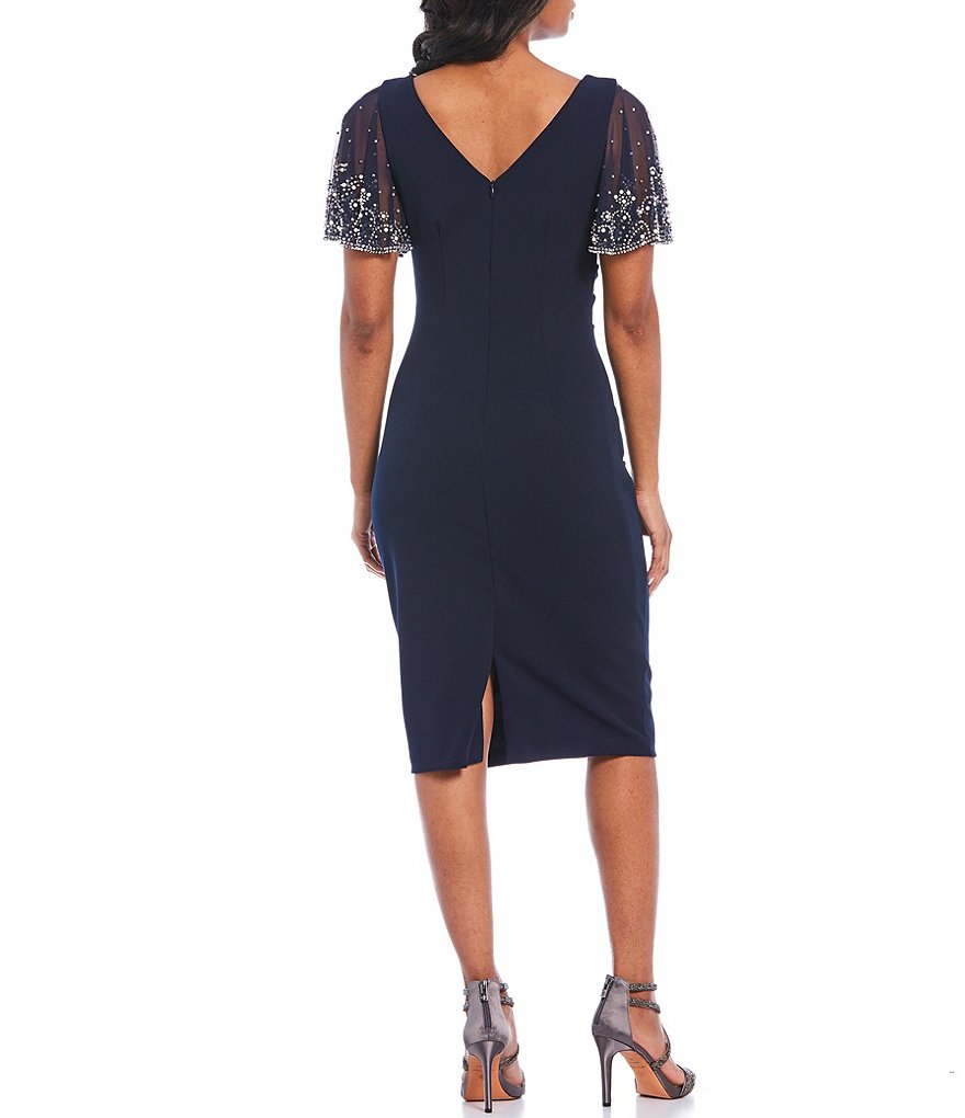 Betsy & Adam Beaded Flutter Short Sleeve V-Neck Scuba Crepe Sheath Dress