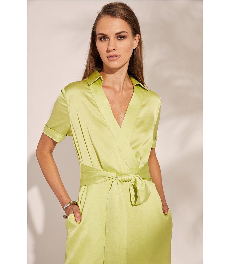 Tahari ASL Faux Wrap Short Sleeve Satin Dress