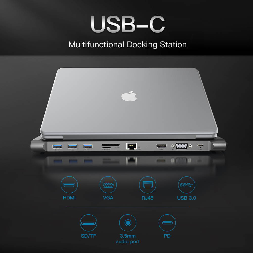 Vention 10 in 1 Type C Docking Station ,USB C Adapter with 4K HDMI, VGA,1000M Ethernet RJ45,3*USB3.0,100W PD 3.0,SD&TF Card Reader ,3.5mm Aux Compatible for MacBook Air Pro,and more USB-C Laptops