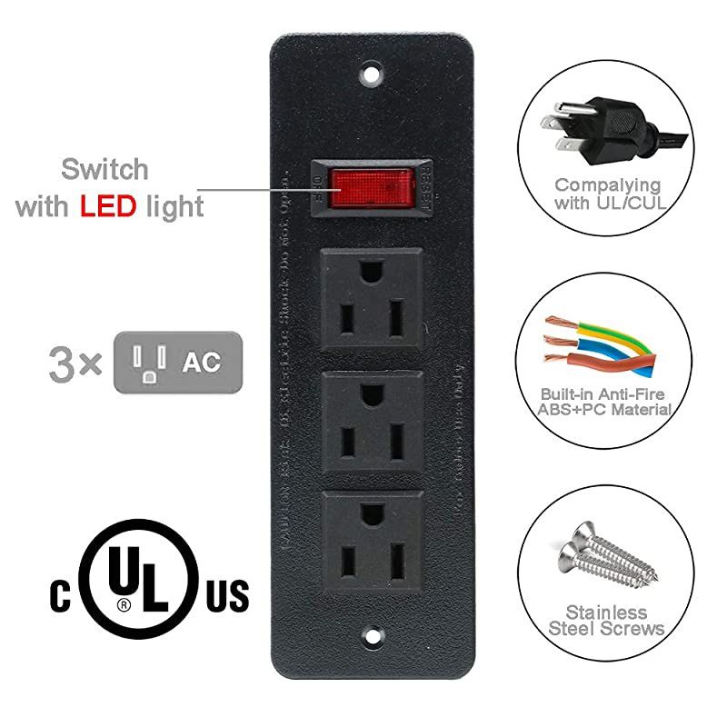 Outlets Recessed Power Strip with Switch Mountable Power Strip 3AC Outlet Black
