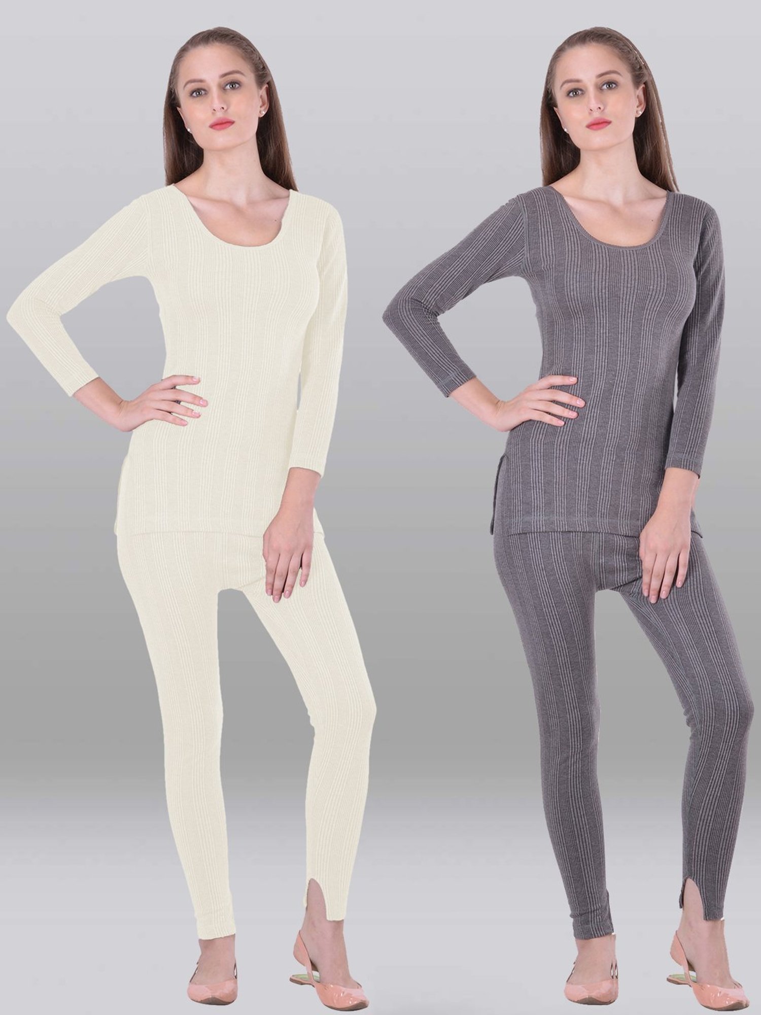 LUX Inferno Grey & Off-White Striped Thermal Top Leggings Set - Pack Of 2