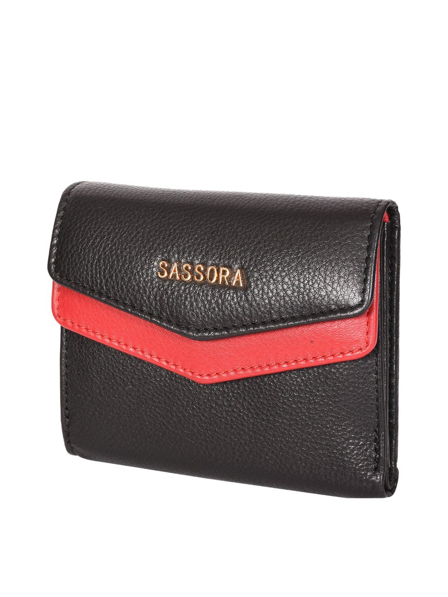 SASSORA Black & Red Solid Rfid Tri-Fold Wallet for Women