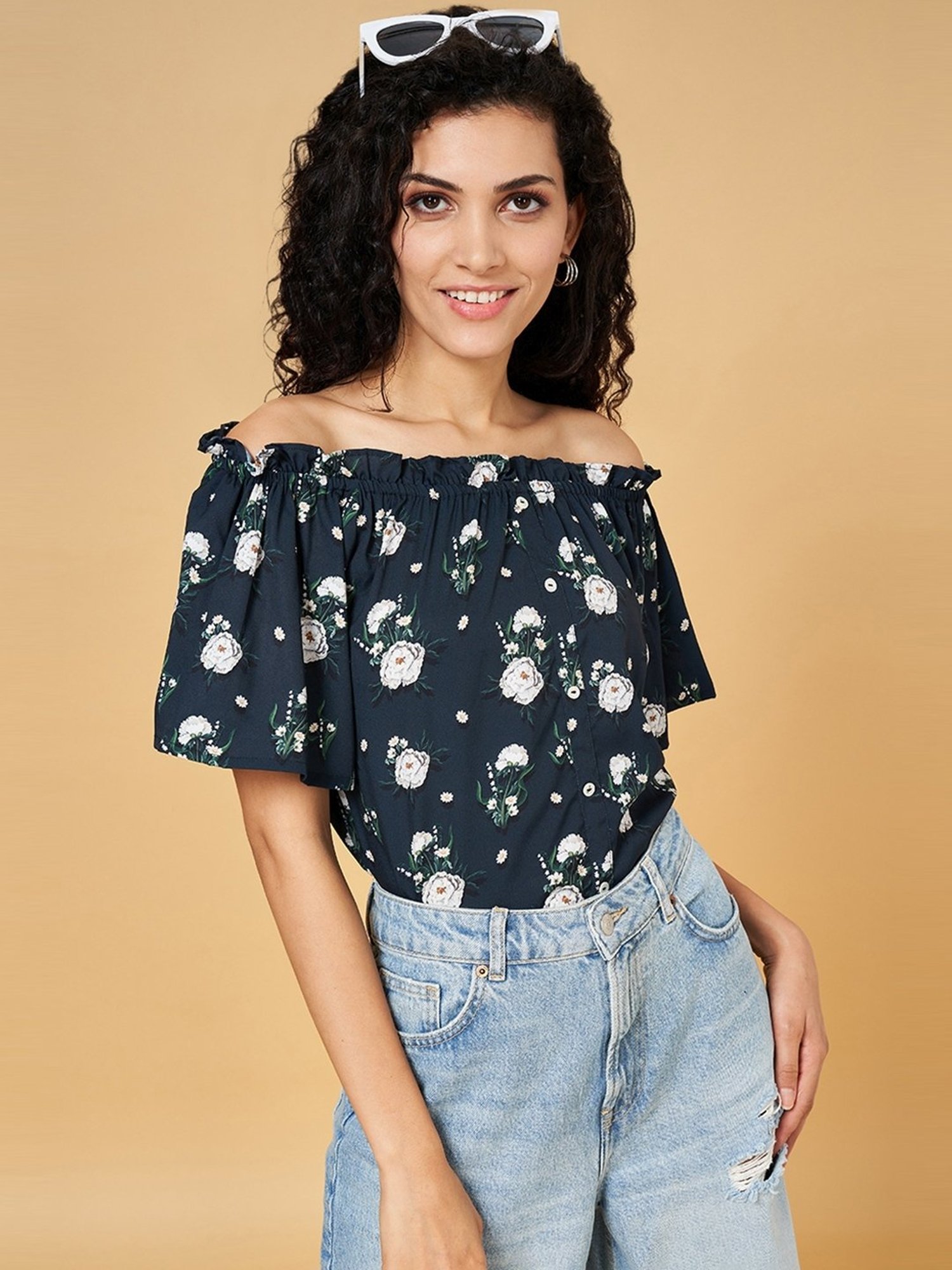 YU by Pantaloons Black Floral Print Top