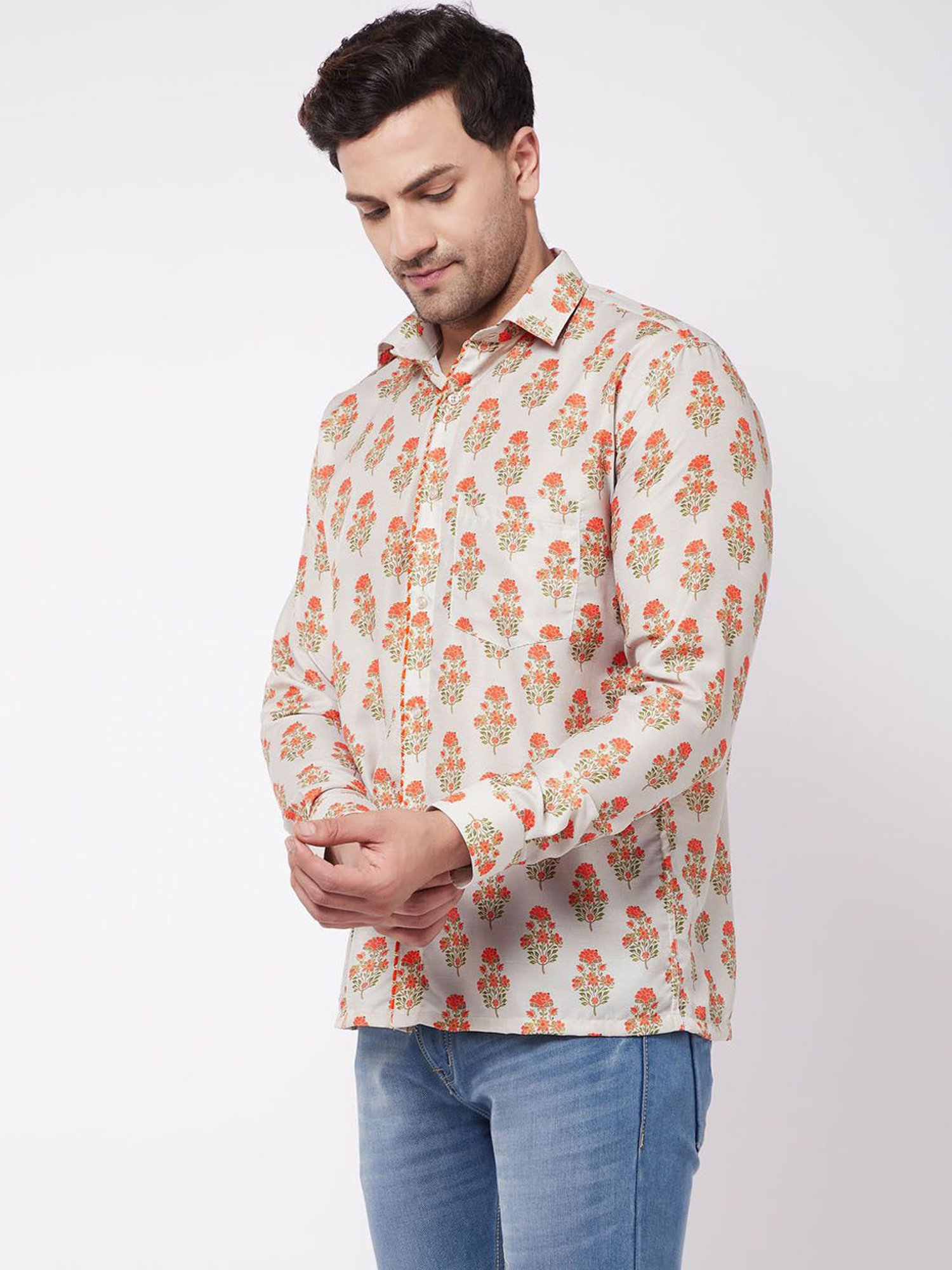 Vastramay Beige Straight Fit Printed Shirts