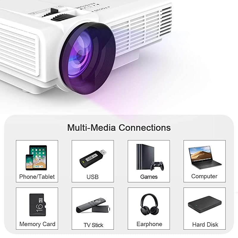 HI04 Mini Projector Outdoor Movie Projector with 100Inch Projector Screen 1080P Supported Compatible with TV Stick Video Games HDMIUSBTFVGAAUXAV Latest Upgrade