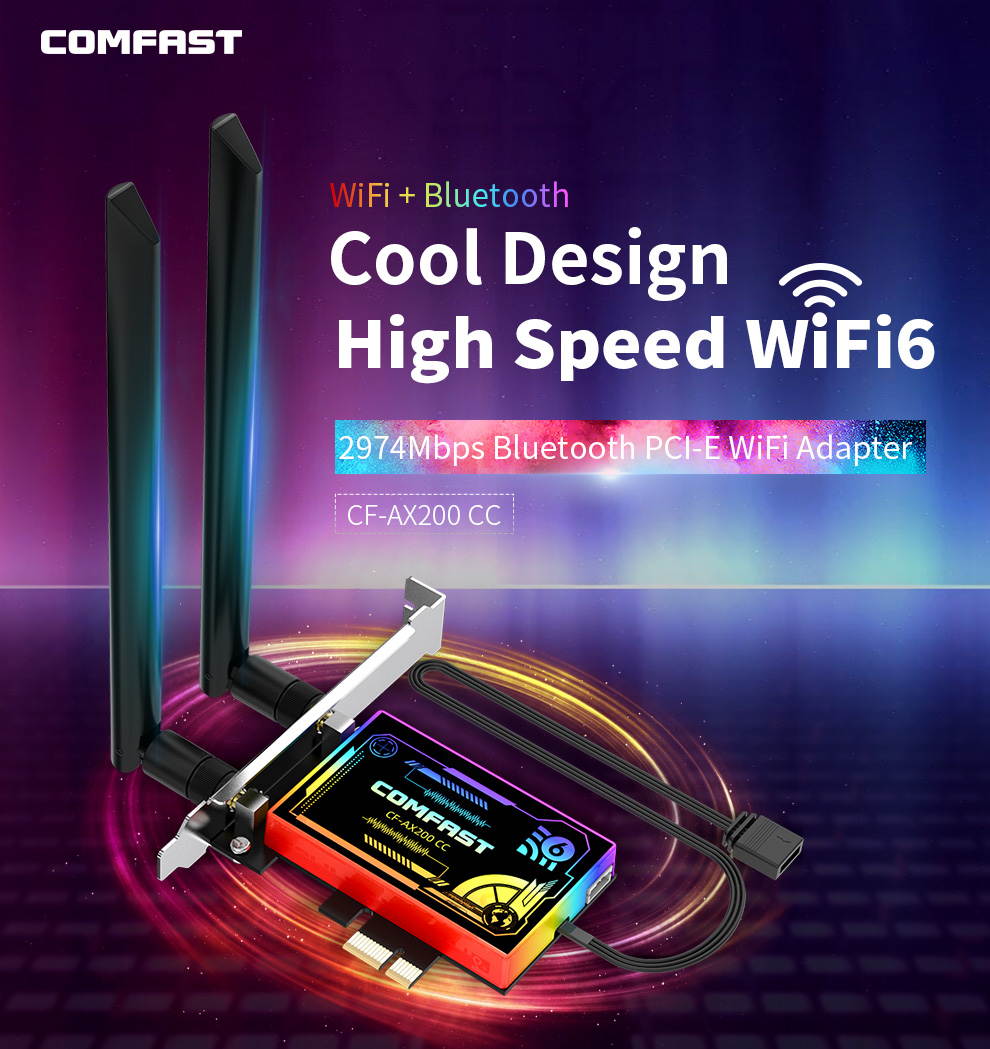 Comfast CF-AX200 CC PCIe WiFi6 Adapter 2974Mbps bluetooth 5.1 Dual Antennas PCI-E WiFi Adapter Gaming RGB Network Card only For Desktop Win10 64bit  PC