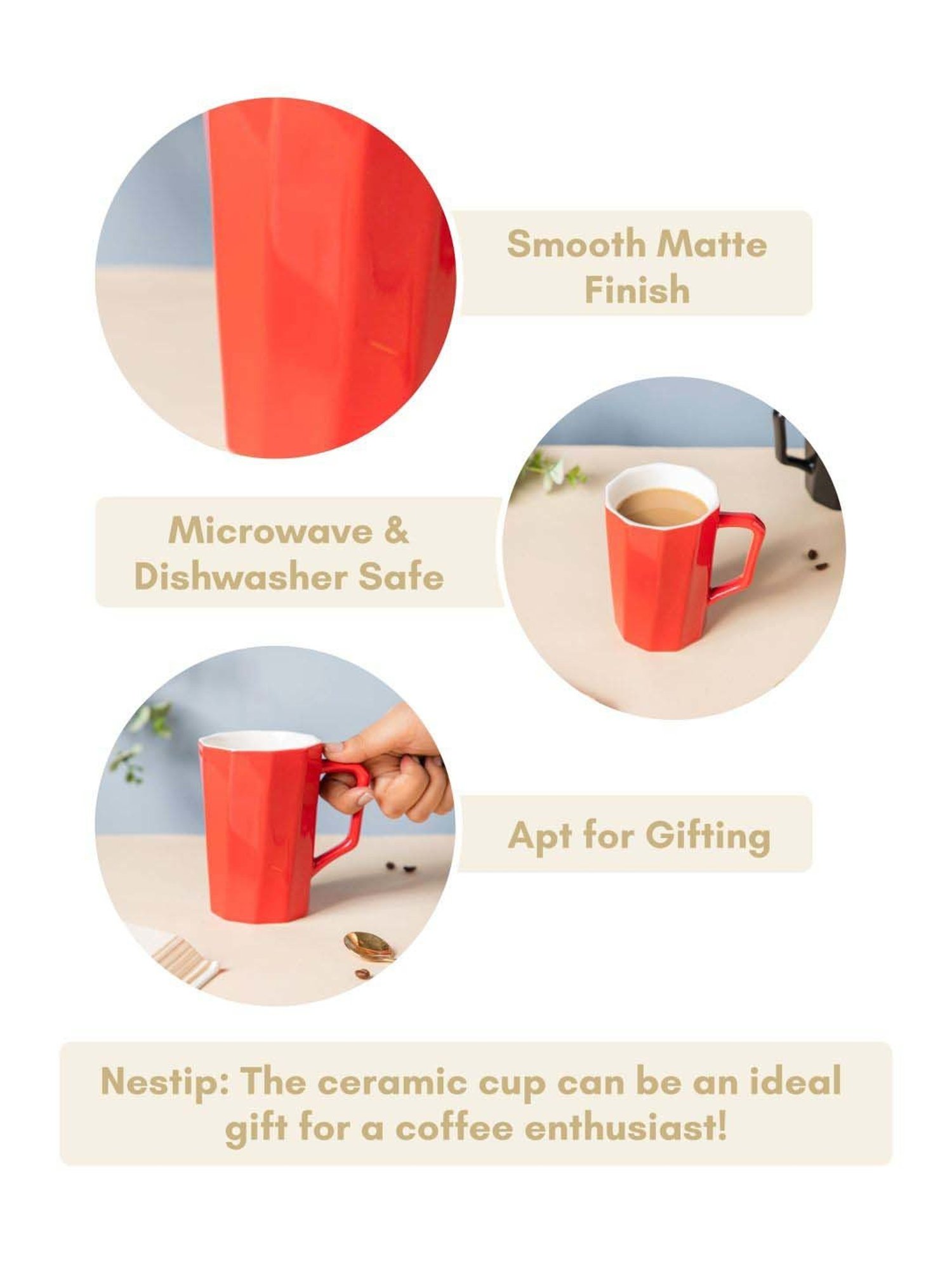 Nestasia Premium Quality Microwave Safe Carmine Red & White Ribbed Ceramic Mug, 350ml