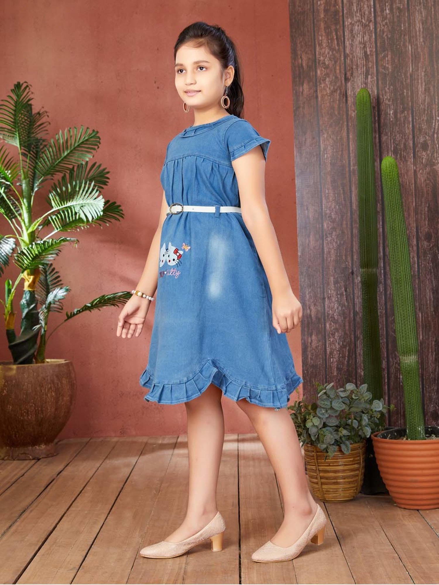 Aarika Girls Blue Printed Dress with Belt
