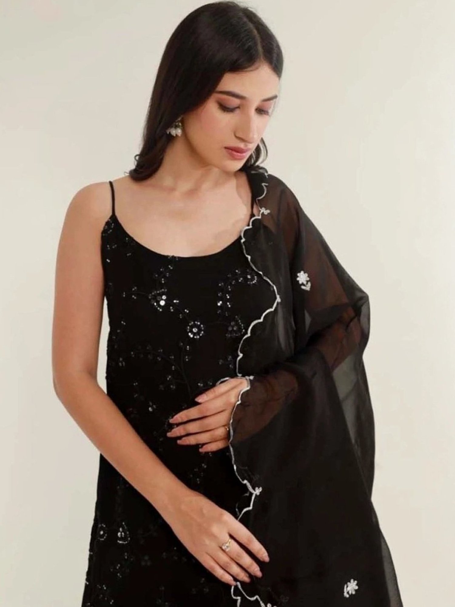 Asrumo Black Tara Mirror Work Chikankari Georgette Kurta with Sharara and Dupatta