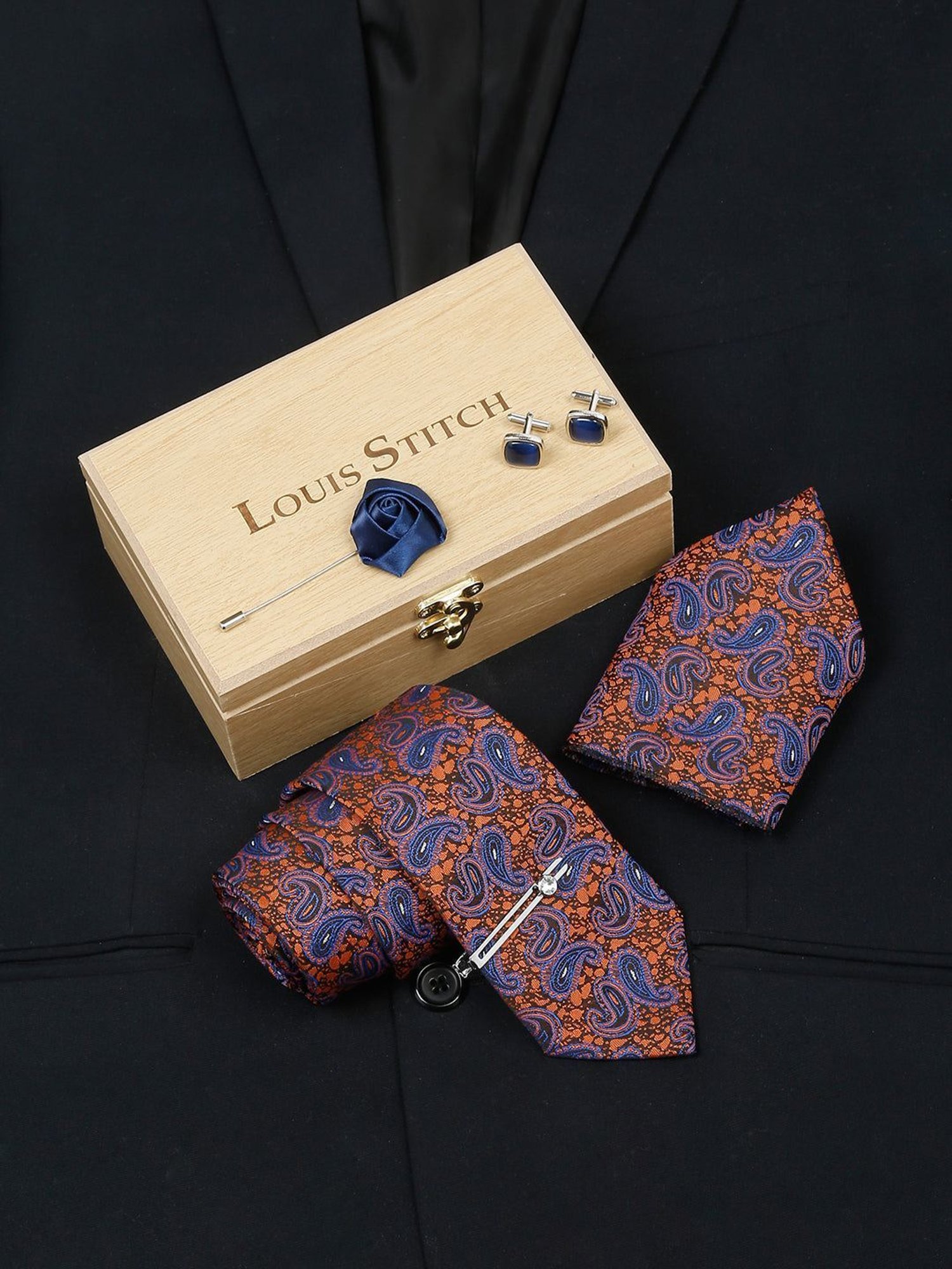 Louis Stitch Blue Printed Necktie Gift Set - Set of 3