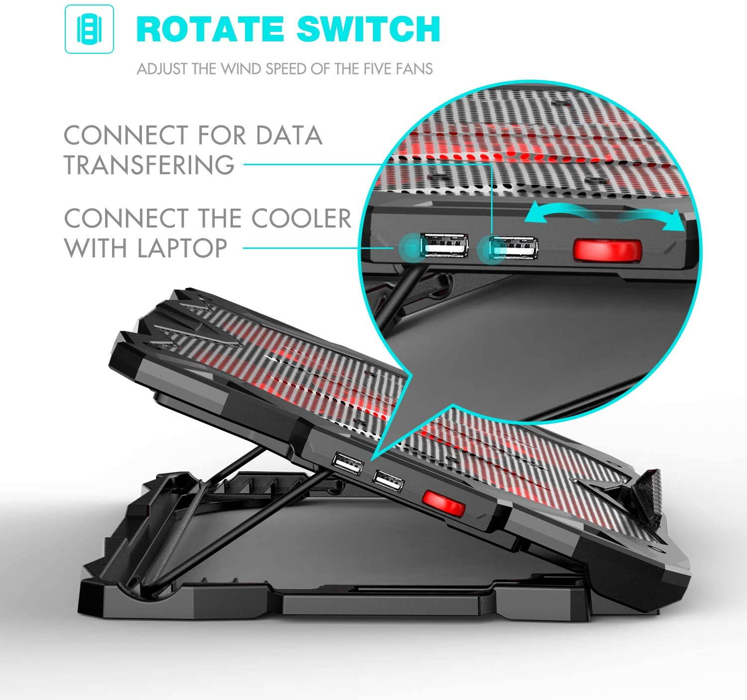 Laptop Cooling Pad Computer Quiet Cooler with 5 Quiet Fans and 2 USB Ports, Portable Cooling Stand with LED Light for 14-17 Inch Laptop (Red)