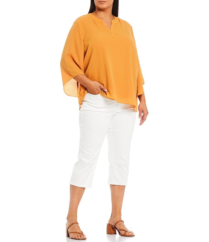 Calessa Plus Size 3/4 Flute Sleeve Split Round Neck Crossover Hem Pebble Crepe Tunic