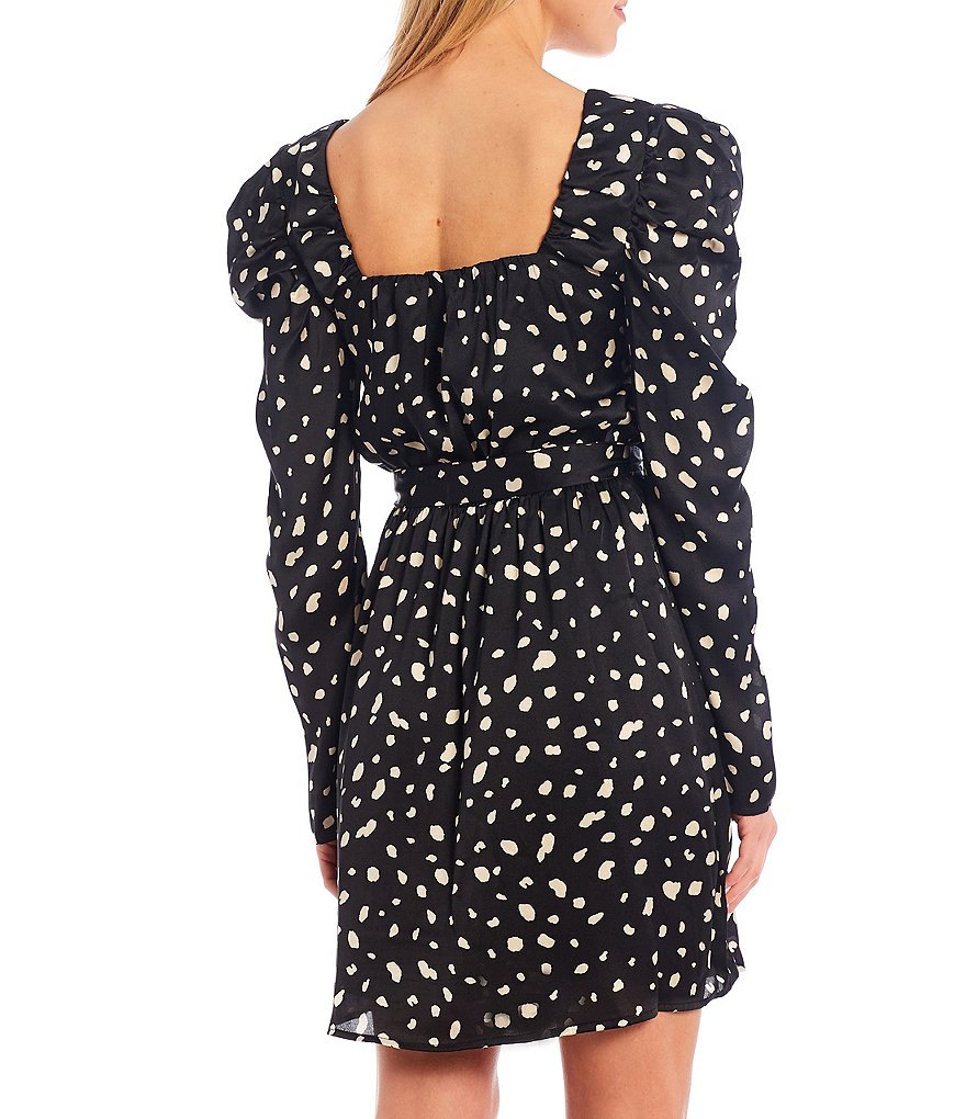 Sugarlips Benita Dot Print Satin Puff Sleeve Square Neck Dress